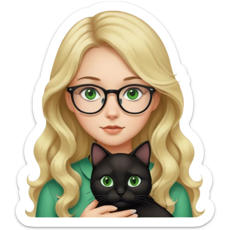 Girl with glasses and long wavy blonde hair and green eyes holding a black cat sticker