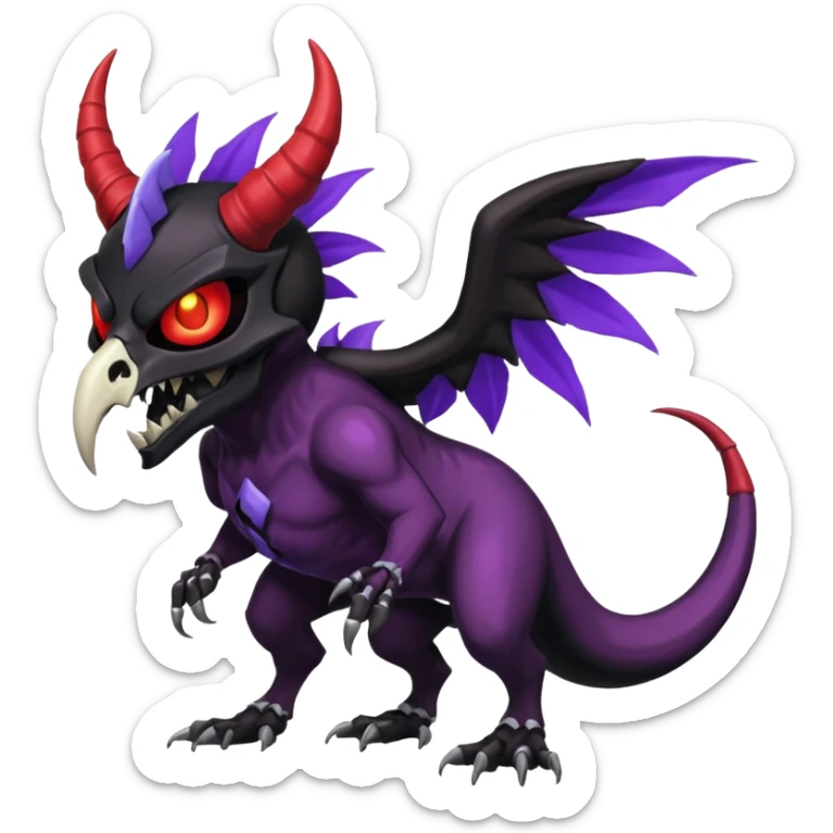 Shiny Dark Edgy  Duskull-Noivern-Incineroar-Salandit-Inteleon-Amaura-Fakémon-hybrid-creature (full body) with a horned bird-skull-mask sticker