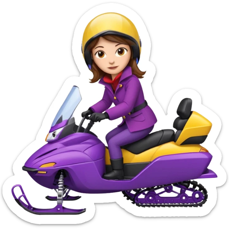 Brown hair Woman wearing red coat  on purple and yellow snowmobile sticker