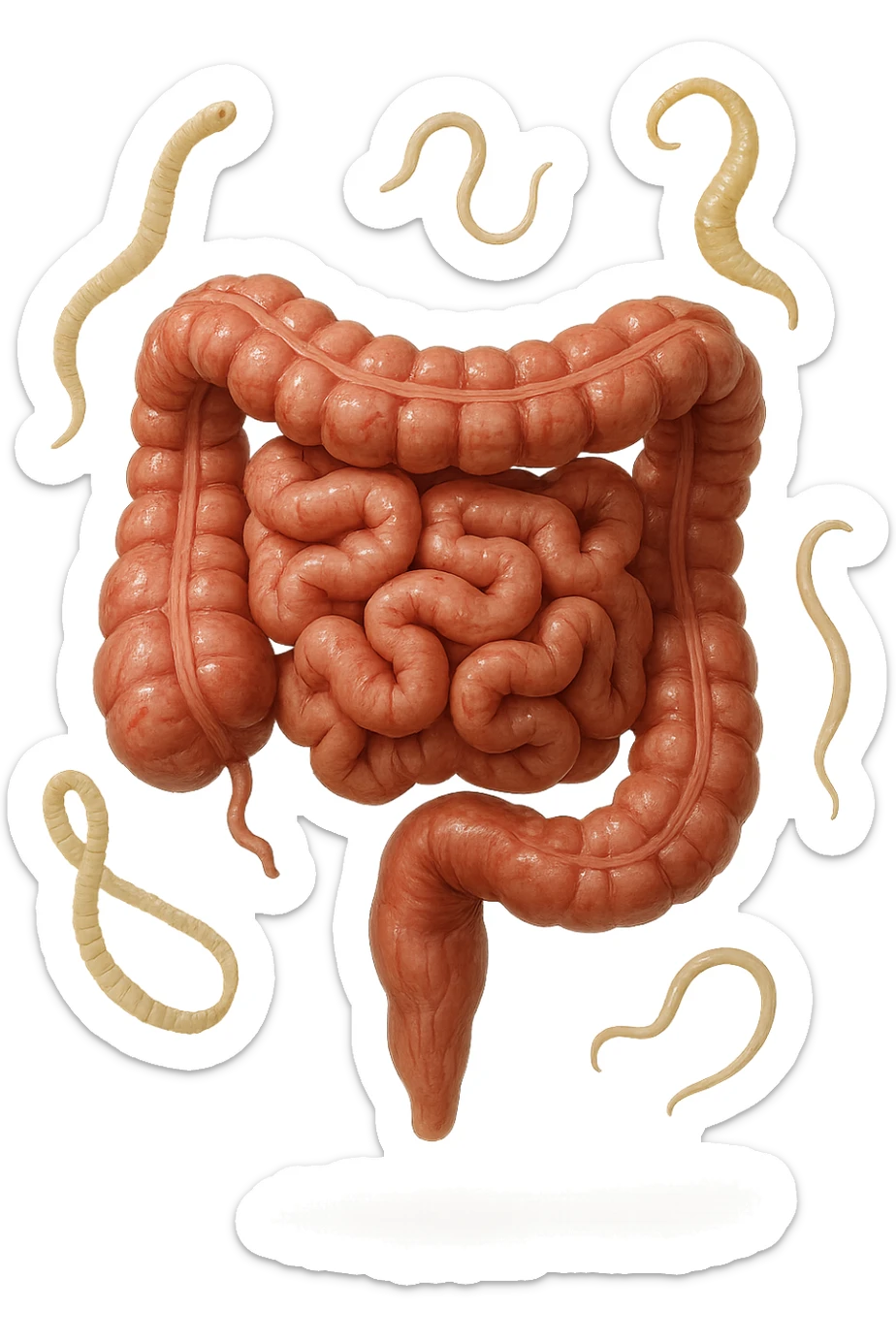INTESTINO UMANO ANATOMICO REALISTICO FLUTTUA IN ARIA INSIEME A PARASSITI COME LA TENIA, SFONDO CHIARO, iperrealistico 4k sticker