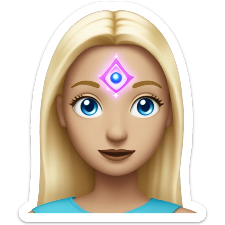 magical diva with thin pink andromedan face long blonde hair and blue eyes glowing third eye sticker