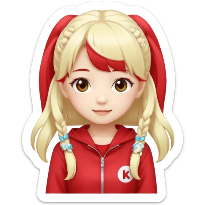 Cute kawaii emoji-style Japanese K-pop girl, long platinum blonde hair in twin tails, red outfit, Japanese K-pop idol vibes, big sparkling eyes, chibi proportions, clean lineart, pastel colors, cheerful idol smile, sticker/emoji style, transparent background sticker