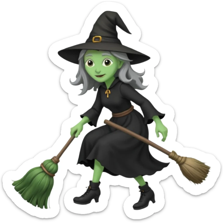 Traditional old witch, green skin, big nose, black dress, riding a broom emoji sticker