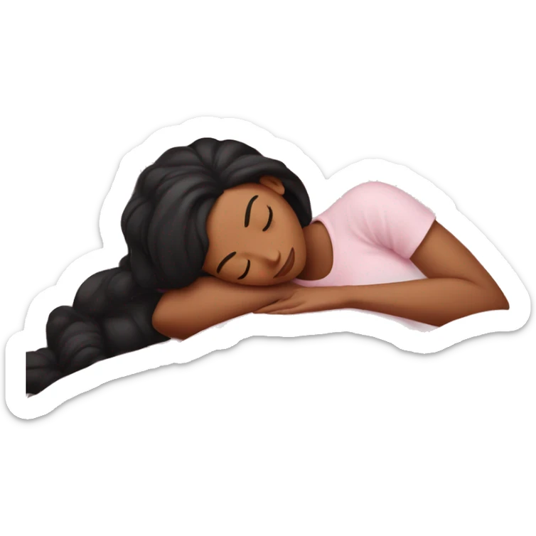Sleeping woman laying with light brown skin and black hair laying on white pillow pink covers cozy sticker