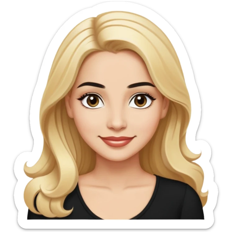 Professional portrait of Linette Torres, Puerto Rican actress with light skin, charismatic expression, bright eyes, beautifully shaped eyebrows, charming smile, long blonde hair, wearing an elegant black top sticker
