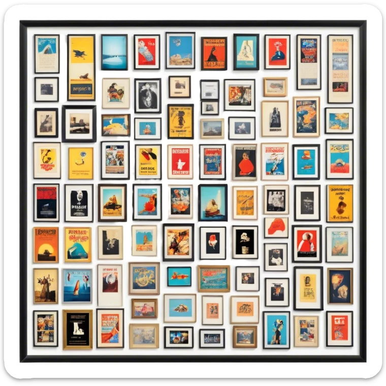 Icon for Photograph and Poster Collecting: a collection of photographs and movie posters, neatly displayed on a wall or in frames. The icon should evoke the nostalgia and artistic value of collecting rare images and posters. Transparent background. sticker