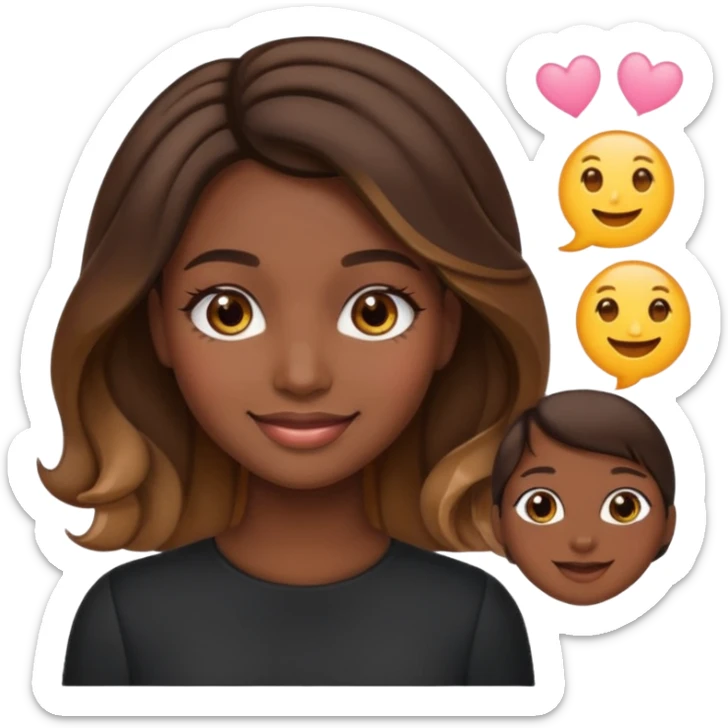 young woman, dark skin, straight brunette hair with caramel balayage, brown eyes, curled lashes, blush, emoji style sticker
