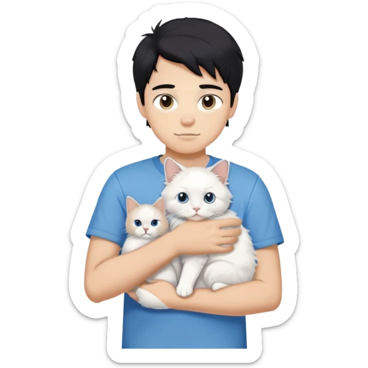 teenage boy with black hair wearing blue short sleeve shirt holding a white ragdoll cat sticker
