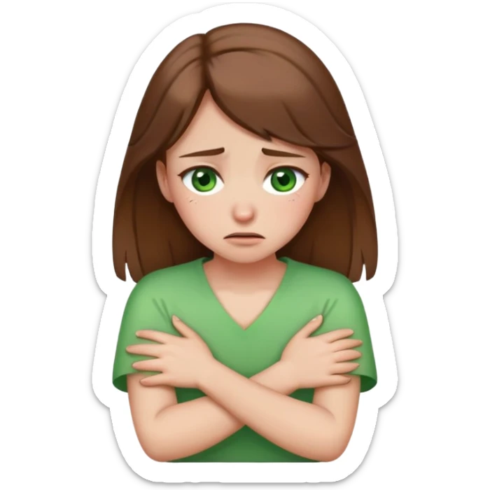 arms crossed holding neck crying girl with brown hair and green eyes sticker