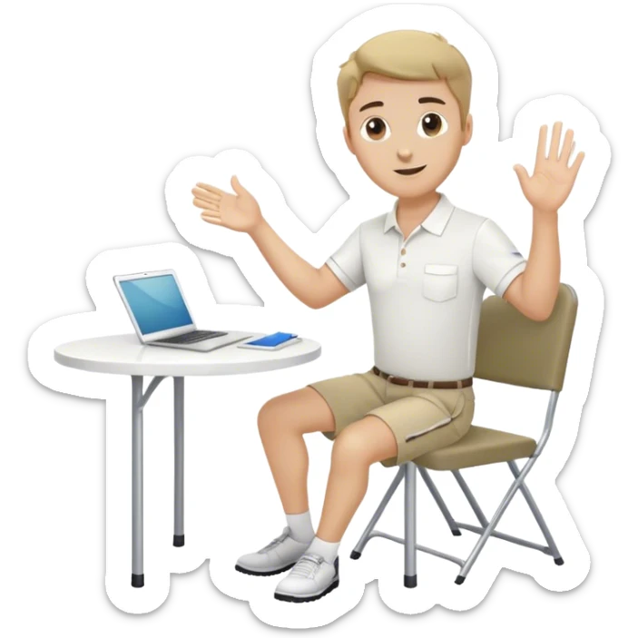 Pool attendant. white polo shirt. khaki shorts. waving. Sitting at white folding table. folder on table sticker
