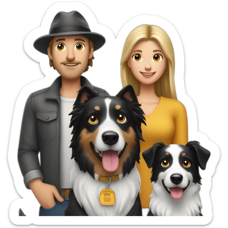 white family group consisting of man in hat and woman with ponytail long hair and small black border collie dog sticker