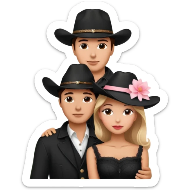 Couple black cowboy hat and beautiful elegant woman with Eiffel Tower in the background with pink delicate flowers sticker