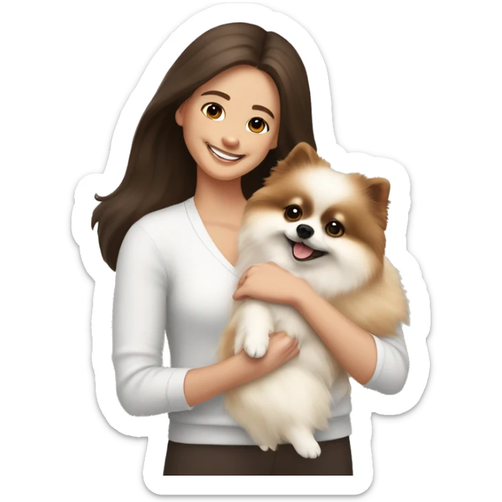 White and beige Pomeranian in the hands of a white young woman with dark brown hair smiling and cuddling the dog  sticker