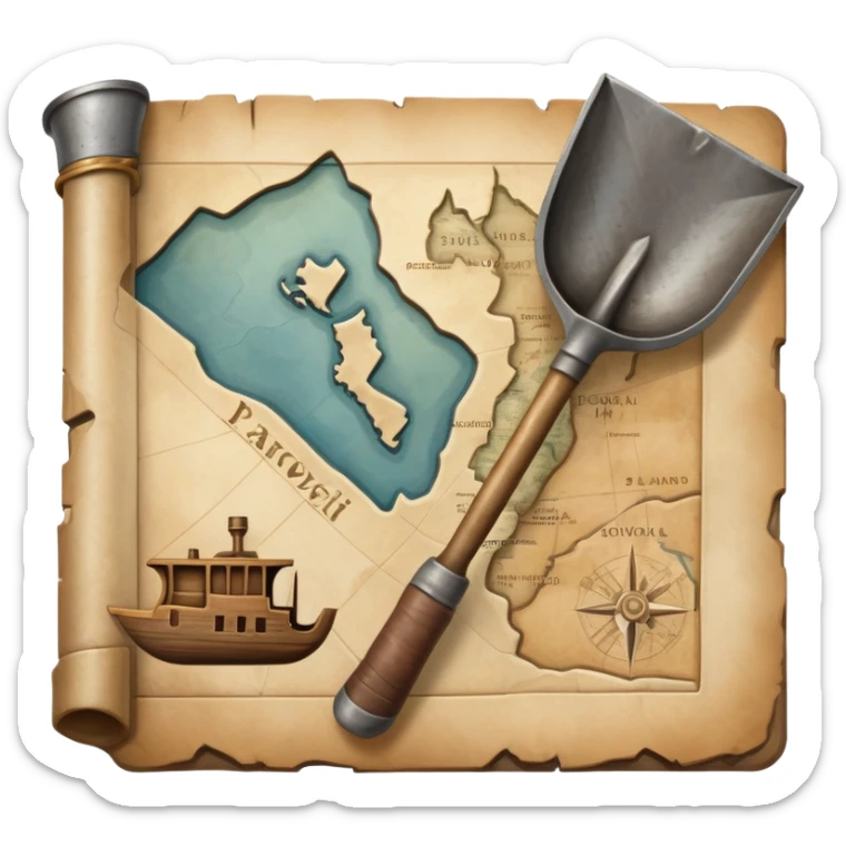 An icon showing a close-up of a shovel, an ancient vessel, and a weathered map, symbolizing archaeology. The design highlights the tools of discovery and the excitement of unearthing historical artifacts. Transparent background emphasizes the focus on the objects. sticker