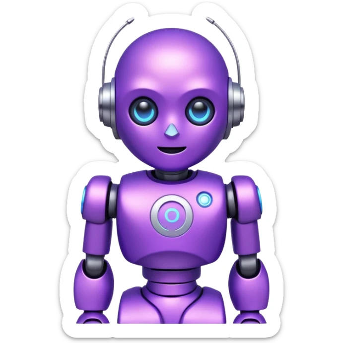 Cute mini robot character, purple body, white C symbol on the chest, soft neon glow, simple face with two bright blue eyes sticker