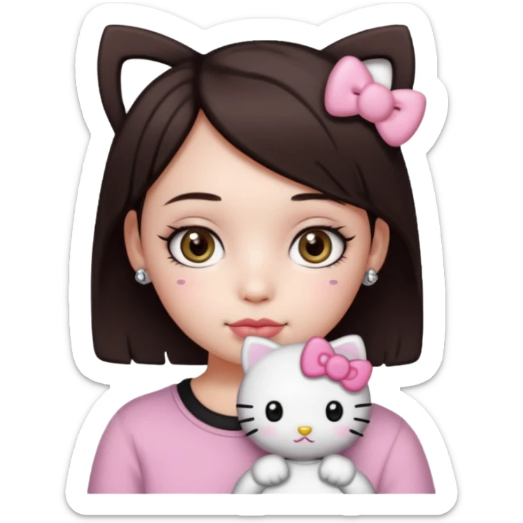 Chica con pelo corto y castaño oscuro, piel blanca, ojos hazel y pestañas largas, un piercing septum redondo pequeño y un filtro de hello kitty sticker