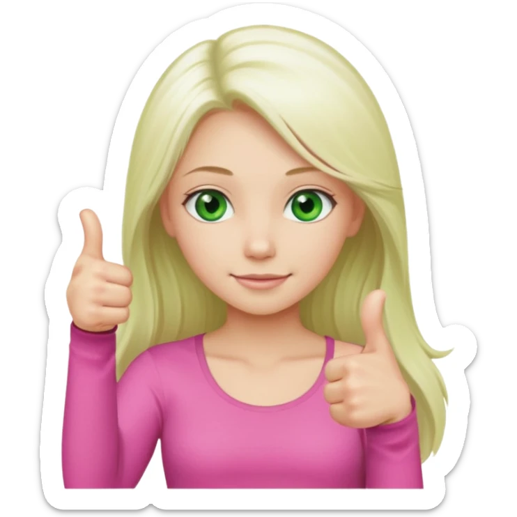 Long platinum blonde hair girl with green eyes in  pink top showing a thumbs up  sticker