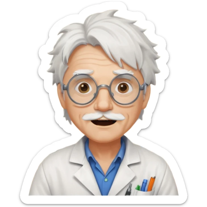 Portrait of an eccentric inventor with messy white hair, round goggles on forehead, wrinkled face with excited expression, wearing a slightly burnt lab coat, background of workshop with blueprints and tools sticker