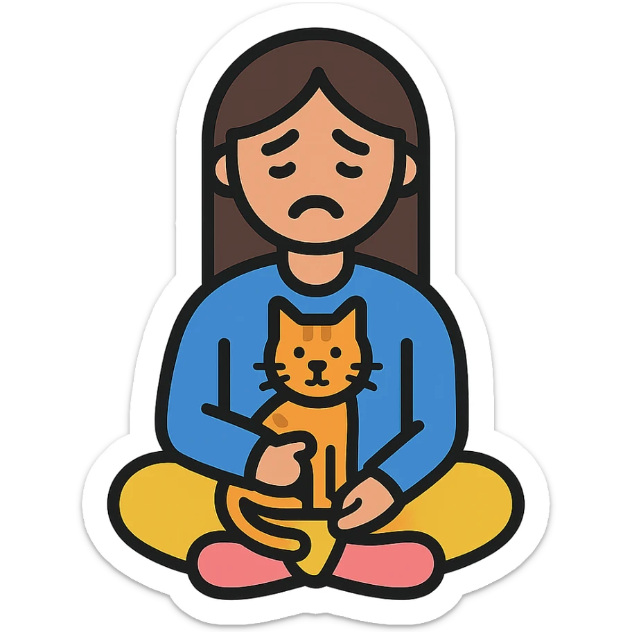 a sad brunette woman with straight hair sitting on the floor, holding a ginger cat in her lap sticker