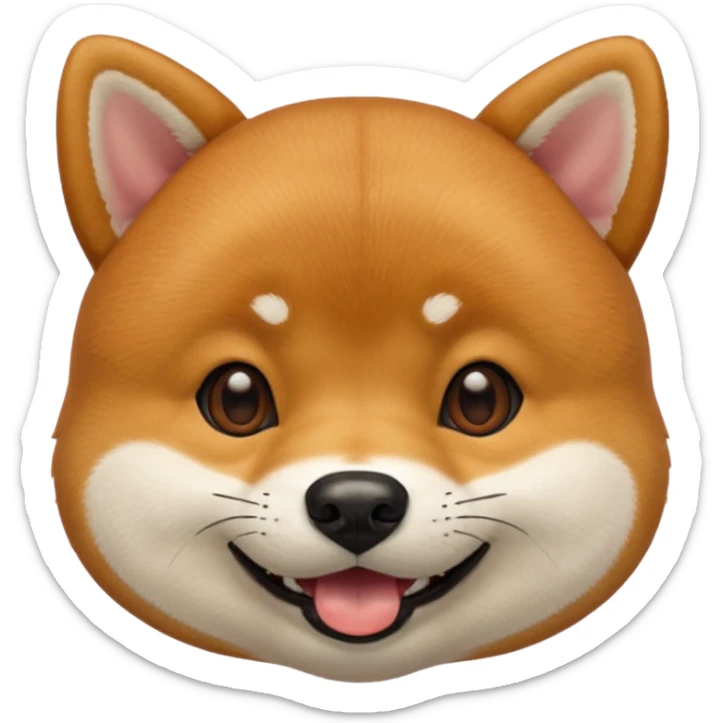 Head of a Shiba Inu dog in Apple emoji style, orange-brown fur with white muzzle and cheeks, round face, big black eyes, perky ears, grinning with closed mouth, no tongue, front-facing, glossy texture, soft shadows
 sticker