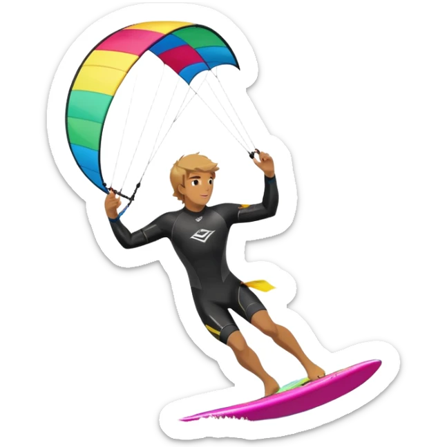 A kite surfer gliding across the water with a colorful kite soaring in the wind. The scene captures the excitement and fluid movement of the sport, with waves splashing around and a clear sky, emphasizing freedom and adventure. sticker