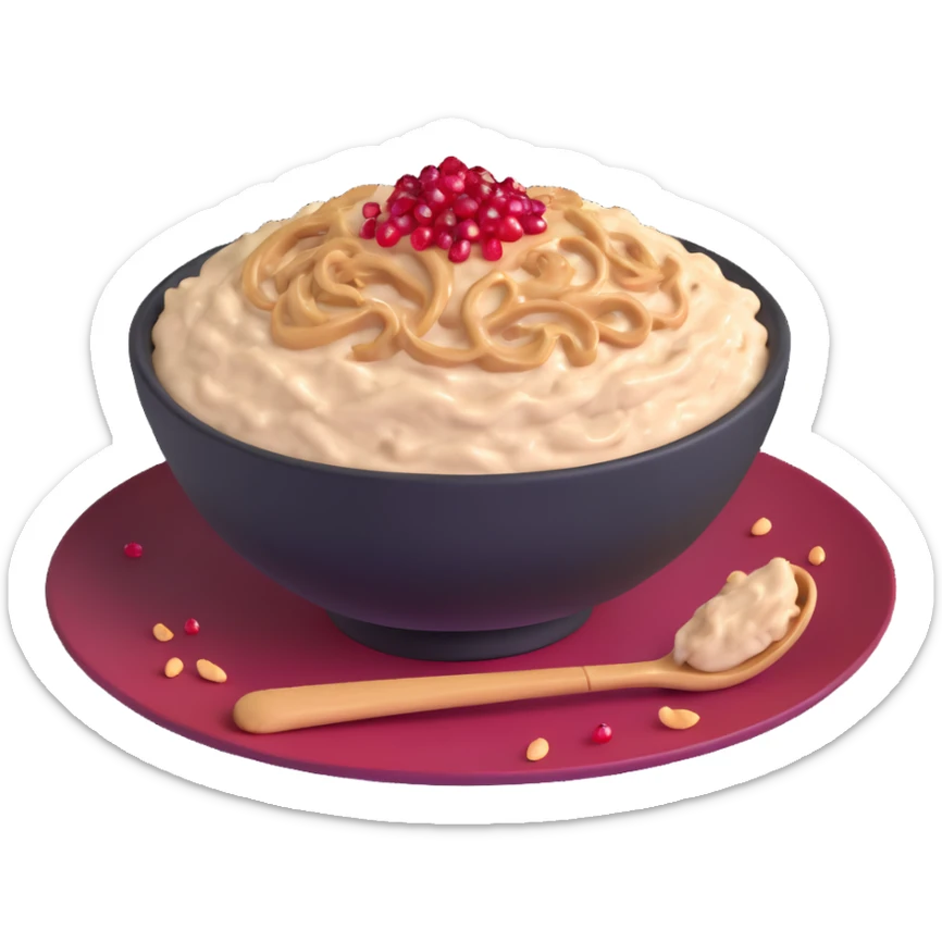 bowl of creamy oatmeal topped with swirls of peanut butter, shredded coconut, and ruby red pomegranate seeds sticker