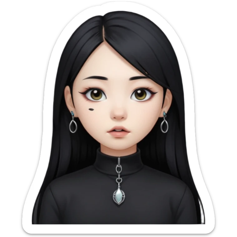 goth Asian girl, straight long black hair, vertical labret lip piercing, black mock neck shirt sticker