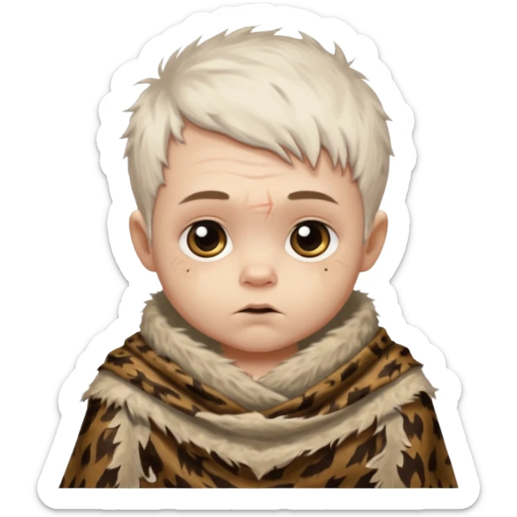 ancient hairy white baby tatooed boy, tattered animal skin shawl sticker