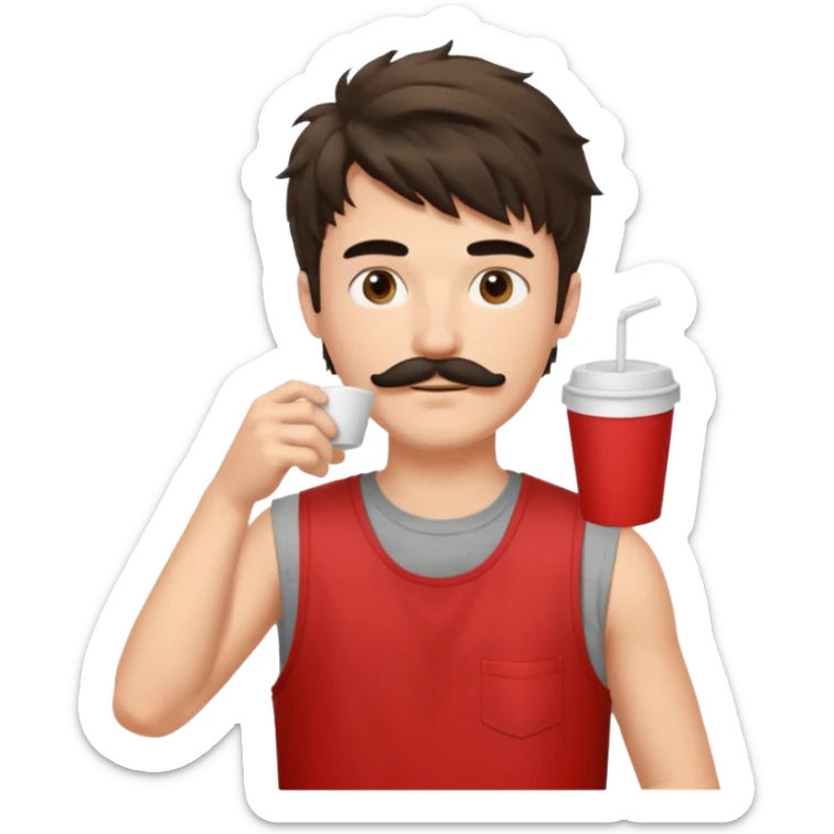 generate an ios genmoji of a fair 20 year guy with black mustache, messy mullet hairstyle, drinking takeaway coffee. wearing a sleeveless red tshirt sticker