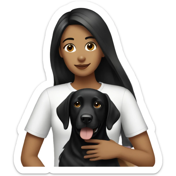 girl with long straight black hair holds her black Labrador sticker