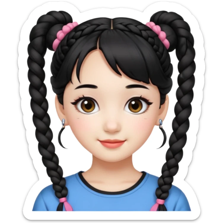 a beautiful girl face, wearing cute korean makeup, black hair, lower braided space buns with cute front bangs, kpop idol sticker