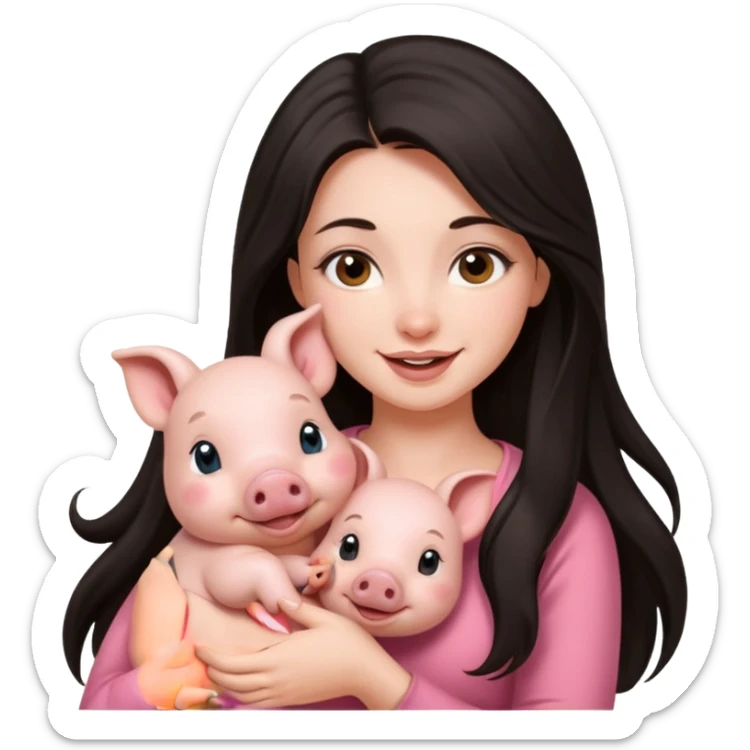 Ragazza bellissima sexy capelli lunghi scuri con un piccolo maialino sticker