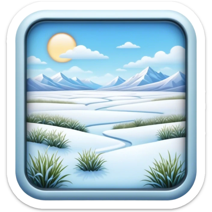 Cinematic Realistic Tundra Emoji in a wooden frame, Vast and cold, with wide expanses of snow-covered ground, sparse grasses poking through, and the occasional hardy shrub breaking up the pale white landscape. The sky above is a pale, frosty blue, and the light reflects off the snow, creating a serene yet starkly beautiful environment. Soft glowing outline, capturing the essence of a quiet, still, frozen wilderness where life endures despite the harsh conditions. sticker