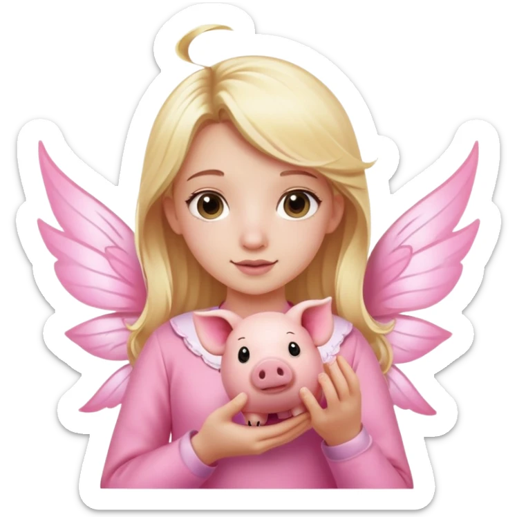 a blonde girl wearing pink clothes holding a pink pig with fairy wings sticker