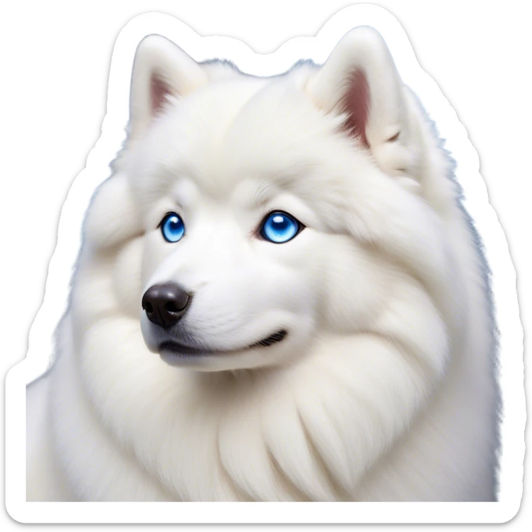 Cinematic Noble Samoyed Portrait Emoji, Poised and regal, with a majestic, sturdy build and a luxuriously fluffy pure white Fur, deep-set soulful blue eyes, Simplified yet sharp and sophisticated features, highly detailed, glowing with a soft, dignified glow, high shine, intelligent and gentle, stylized with an air of elegance, focused and attentive, soft glowing outline, capturing the essence of a watchful and confident companion, so majestic it feels as though it could bound out of the screen with effortless authority! sticker