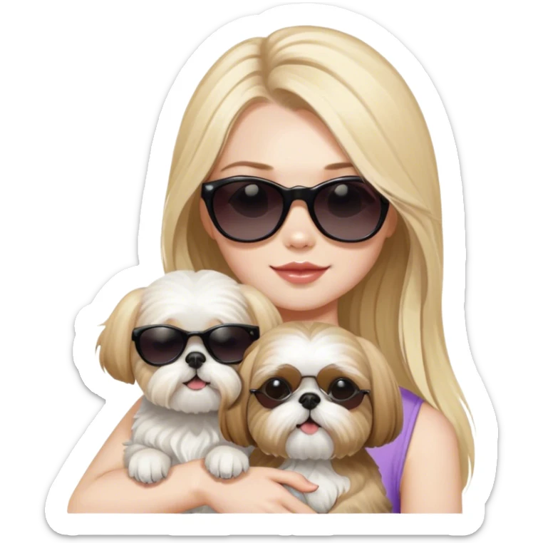 Blonde girl with long hair and pale skin and sunglasses holding Shih Tzu without glasses  sticker