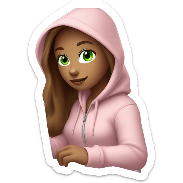 a girl with brown long hair, light beige skin, green eyes, is working relaxed at a modern laptop in a monochrome pale pink zip hoodie with a hood and a pink monochrome T-shirt sticker