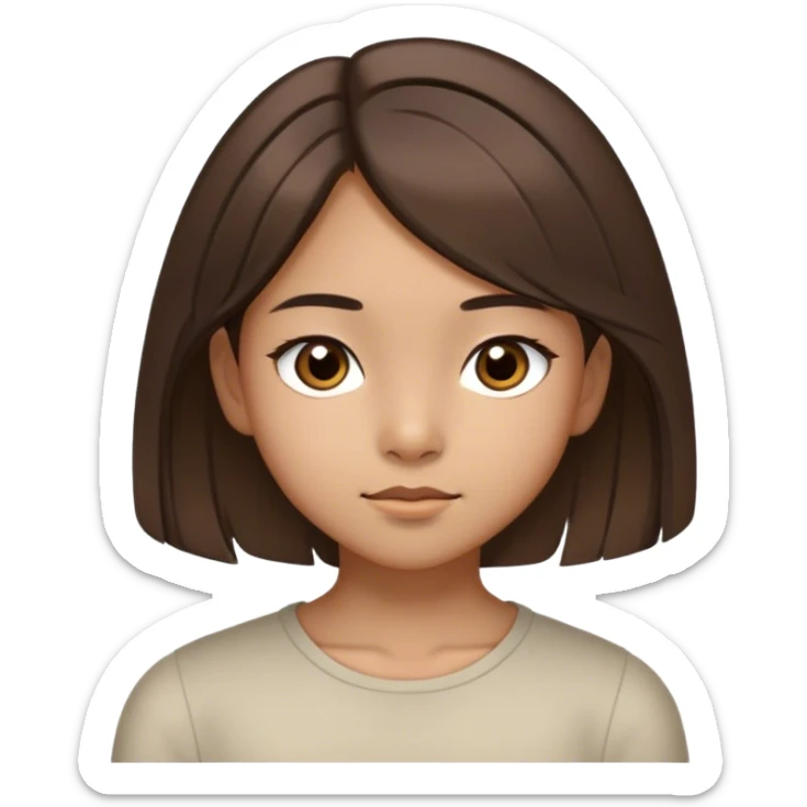 A thin 10-year-old girl with Asian heritage, shoulder-length brown hair with two distinctly light strands framing her face, large slightly slanted dark brown eyes, olive skin, and light brown, not narrow eyebrows sticker