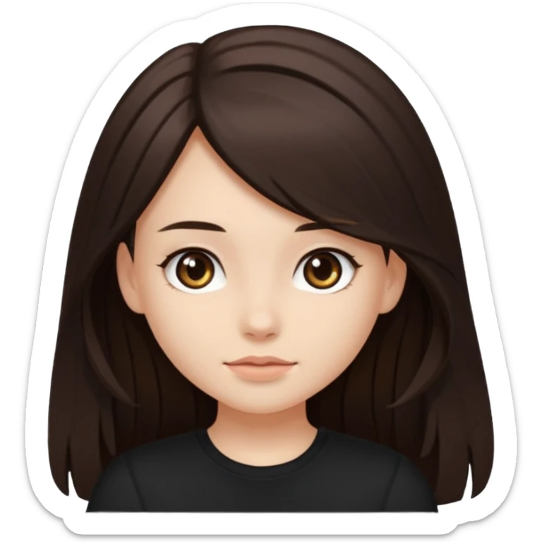 Make an emoji of a girl with dark brown long hair and dark brown eyes wearing a black top sticker