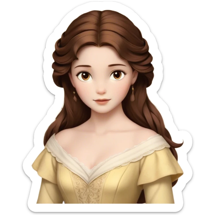 Cinematic Realistic Belle Portrait, depicted with lifelike skin texture, soft natural lighting, and intricately detailed brown hair styled elegantly. Her deep, expressive eyes exude warmth and intelligence, complemented by a serene and graceful expression. She is dressed in her classic attire, with rich fabric textures and delicate folds that catch the light beautifully. The portrait features a soft, enchanting glow with a natural, radiant finish, capturing the essence of timeless beauty in a realistic and painterly style, evoking a sense of depth and authenticity. sticker