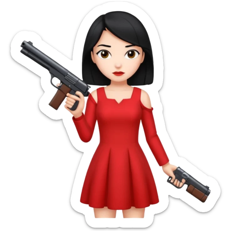 girl with black hair and a red dress holding a gun sticker