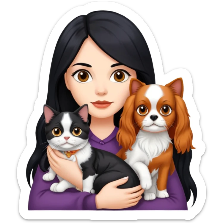 woman with long black hair holding an American Shorthair cat and a Cavalier King Charles Spaniel dog sticker