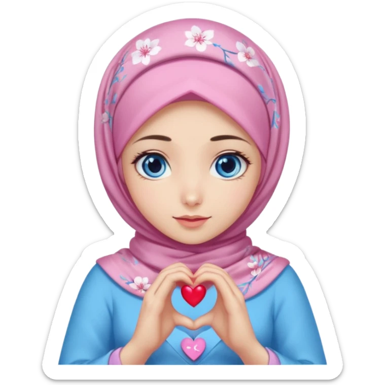 Turkish beautiful finish Konya girl blue eyes with mini cherry blossom hijab and lila blue pink dress and she make heart with hands sticker