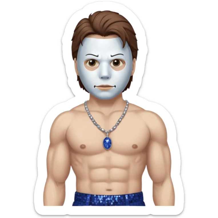 Michael Myers with white mask with brown hair, indigo sequin baggy pants, shirtless with necklace sticker