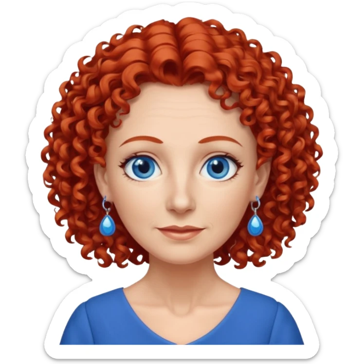 una profesora mayor simpática con el pelo rojo rizado, ojos azules, vestido azul y pendientes azules hablando altura completa sticker