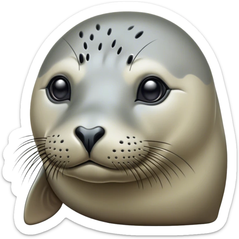 Cinematic Noble harbour seal Portrait Emoji, Poised and streamlined, with a sleek, smooth body of glossy, muted hues and expressive, dark eyes complemented by a rounded, agile head, Simplified yet sharp and sophisticated features, highly detailed, glowing with a soft, maritime luminescence, high shine, intelligent and graceful, stylized with an air of coastal authority, focused and alert, soft glowing outline, capturing the essence of a watchful marine guardian that appears ready to glide out of the screen with effortless authority! sticker