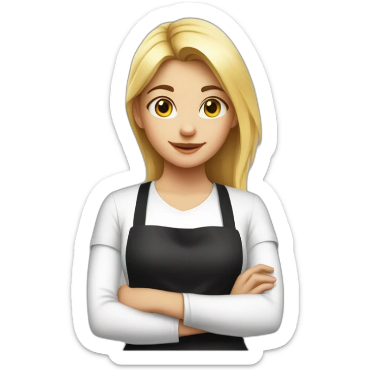 girl in a white T-shirt and a black apron shows a cross with her hands sticker