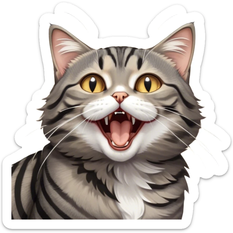 Cinematic Cute Yawning Grey and Black Brown Tabby Cat Portrait Emoji, Head tilted slightly with a dramatic, wide-open yawn, sleek grey-brown fur with dark black tabby stripes, sparkling amber eyes barely open, Simplified yet irresistibly adorable features, highly detailed, glowing with a soft, cozy glow, high shine, relaxed yet expressive, stylized with a touch of whimsy, bright and endearing, soft glowing outline, capturing the essence of a sleepy yet affectionate kitty, so drowsy it feels like it could stretch right out of the screen and curl up for a nap! sticker