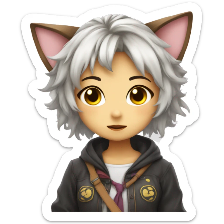 A cheeky cosplay neko girl, not too pretty but kind of adorable, messy hair, cheeky sticker