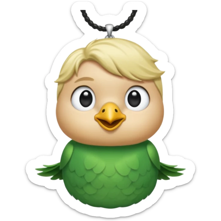 un oiseau classique de profil tout vert et un seul poil blond qui fait une petite bouclette sur le front avec le collier argenté avec des ronds attachés au collier est autour du coup de l’oiseau entre la tête et le corps sticker